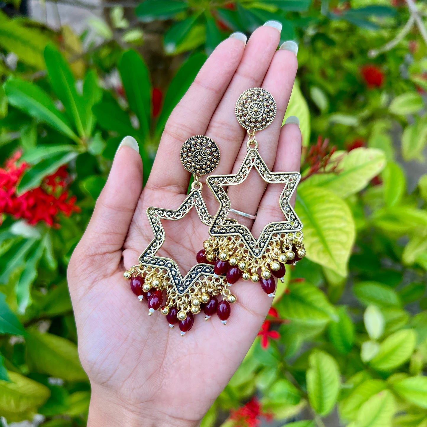 Maroon Star Shine Jhumka