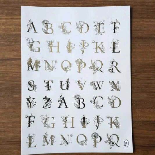 A4 Golden Embossed Alphabet Sheet – Floral Design (A–Z Letters)