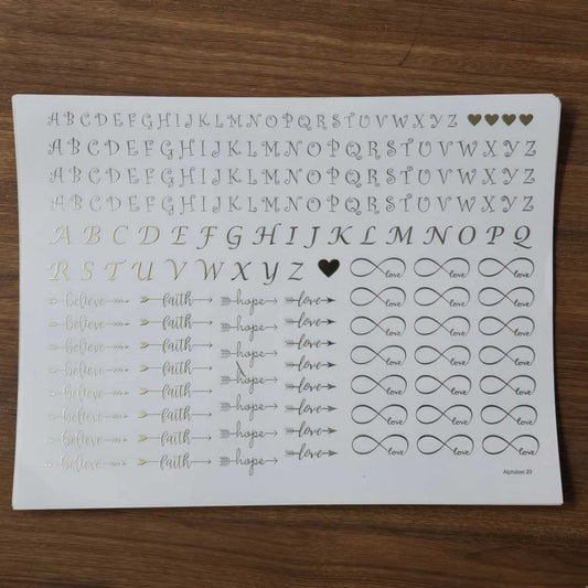A4 Golden Embossed Sheet – Alphabets with Believe, Faith, Hope & Love Designs