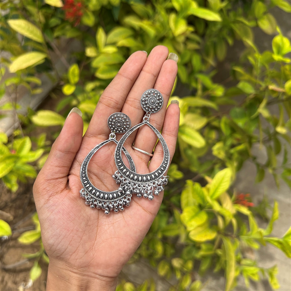 Circular Frame Jhumka Earrings – Silver Finish