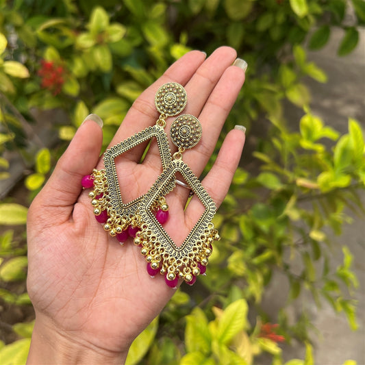 Floral Dome Jhumka Earrings – Magenta Beads