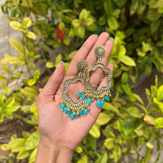 Floral Dome Jhumka Earrings – Sky Blue Beads
