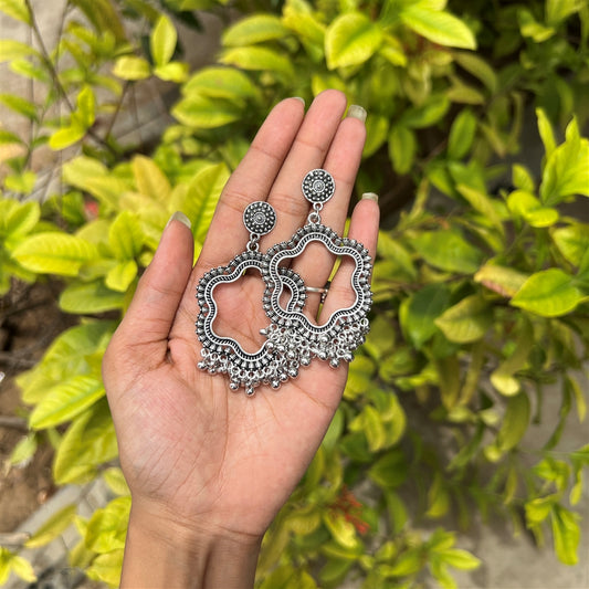 Floral Oxidised Jhumka Earrings – Silver Finish