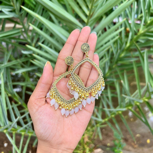 Golden Diamond-Shaped Jhumka Earrings with White Beads