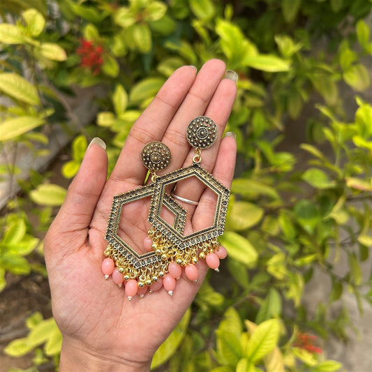Hexa Dome Jhumka Earrings – Baby Pink Beads