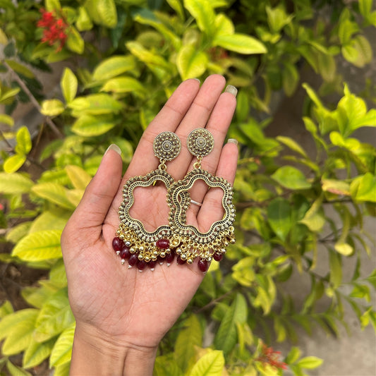 Hexa Dome Jhumka Earrings – Maroon Beads