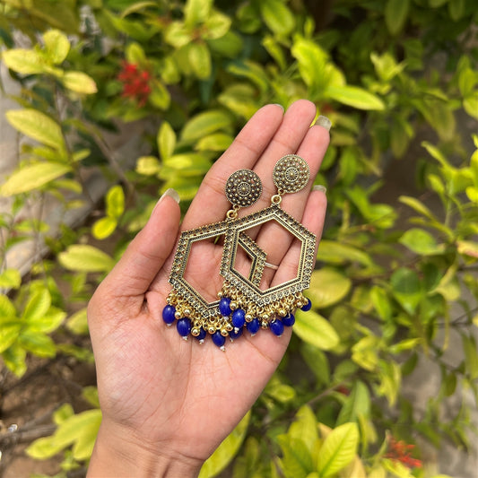 Hexa Dome Jhumka Earrings – Navy Blue Beads