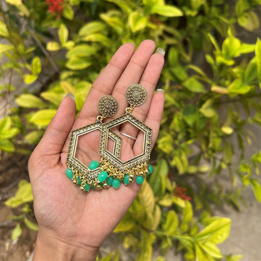 Mughal Frame Jhumka Earrings – Green Beads