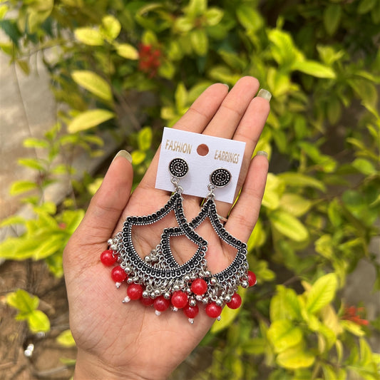 Oxidised Red Beaded Jhumka Earrings