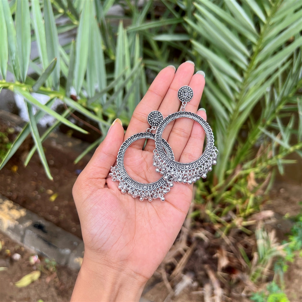 Oxidised Round Dangler Jhumkas in Tribal Pattern