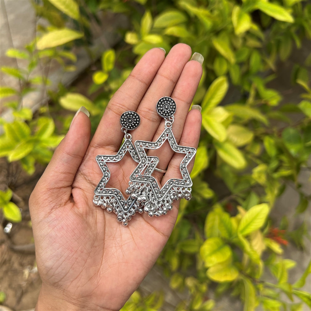 Star Frame Jhumka Earrings – Oxidized Silver